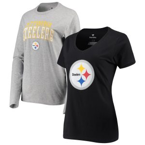 Women’s Pittsburgh Steelers NFL Pro Line by Fanatics Branded Black/Gray Square V-Neck T-Shirt & Long Sleeve T-Shirt Combo Set